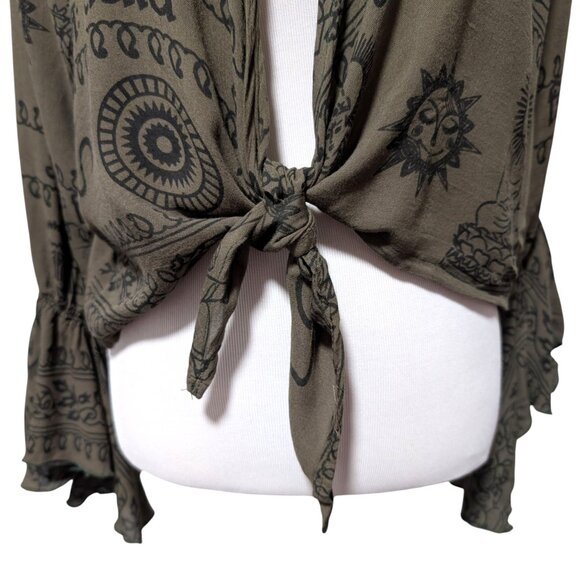 Rhea Womens Size L/XL Olive Green Hindu Ganesh Tie Front Flare Cuff Crop Top - Picture 5 of 11